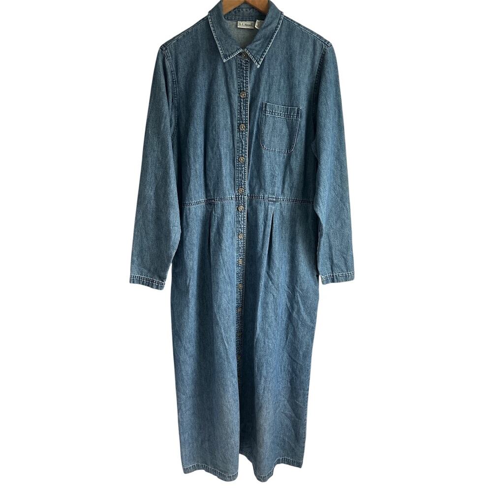 VTG L.L.Bean 14 Reg 100% Cotton 90s Maxi Minimalist Denim Button Front Dress‎